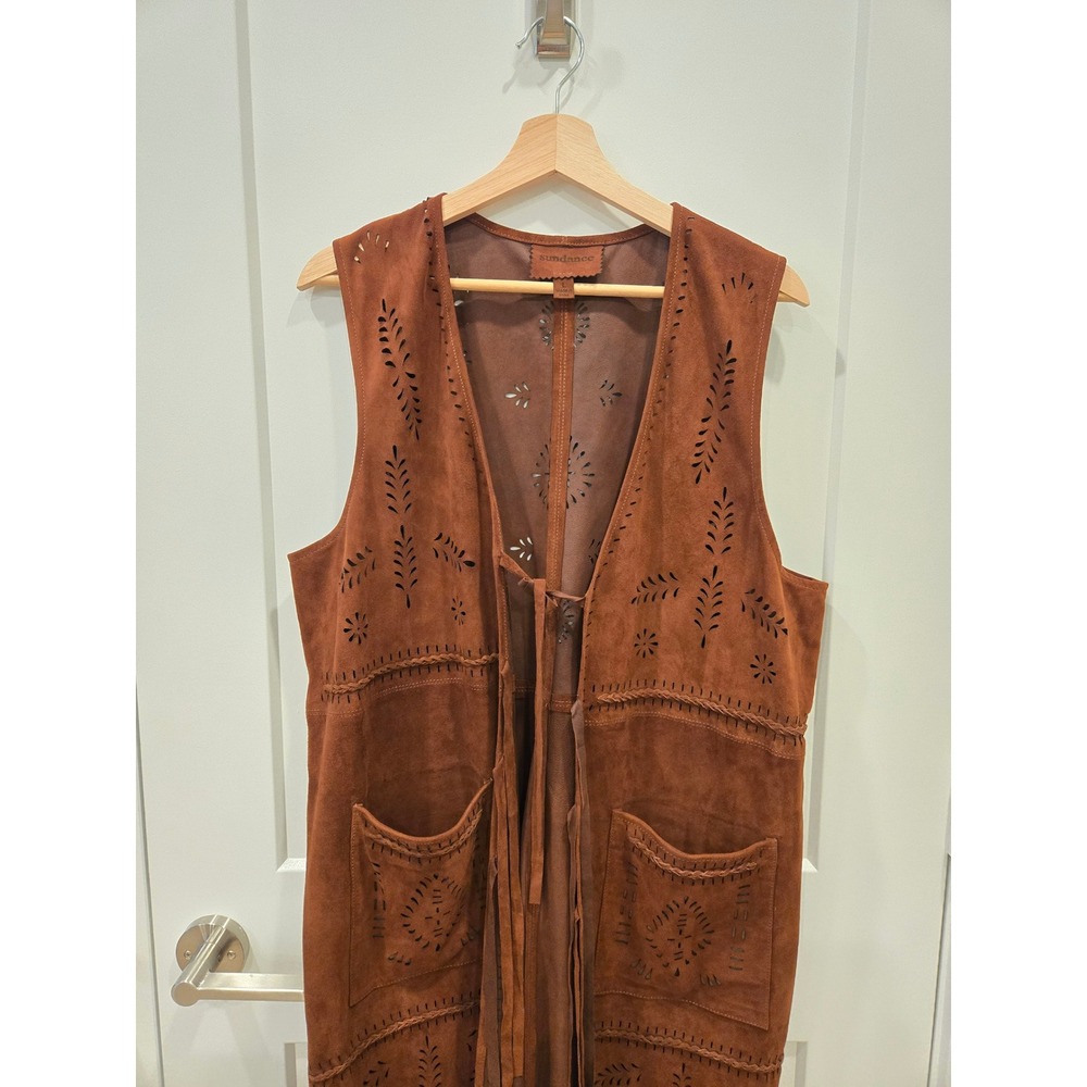 Sundance Brown Leather Suede Boho Fringe Duster Vest Laser Cut Floral Large - Picture 3 of 12